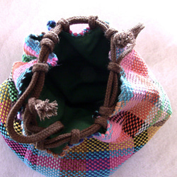 機織り手織り巾着袋（裏生地丸底緑色）小袋ポーチ 3枚目の画像
