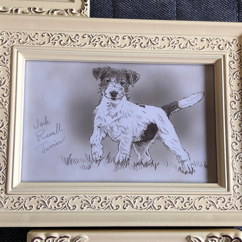 鉛筆画 犬 高級額縁つき 鉛筆画 犬 高級額縁つき