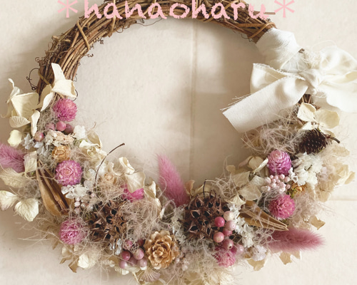 1点のみ♡木の実とドライフラワーのピンクハーフリース ♡ ドライ