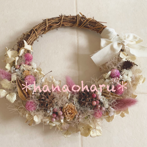 1点のみ♡木の実とドライフラワーのピンクハーフリース ♡ ドライ