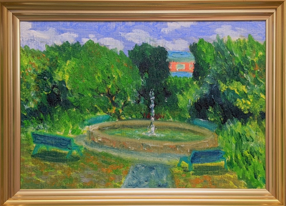 光遊ぶモネの庭　透明水彩画　ブラウンの額入り 光遊ぶモネの庭 透明水彩画 ブラウンの額入り 光遊ぶモネの庭