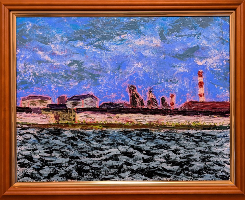 北九州の海と空　　額装　油彩画原画   (F6)