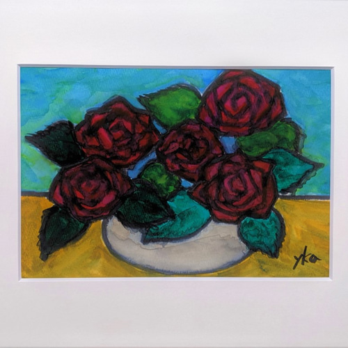 赤薔薇　水彩画　原画 壺の赤い薔薇 水彩画原画 絵画 yko 通販 7777358｜Creema(クリーマ)