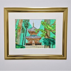 【赤字特価】　杉林の宝塔　　　額装　水彩画原画 5枚目の画像