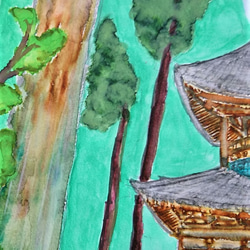 【赤字特価】　杉林の宝塔　　　額装　水彩画原画 4枚目の画像