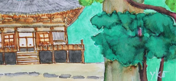 【赤字特価】　杉林の宝塔　　　額装　水彩画原画 3枚目の画像