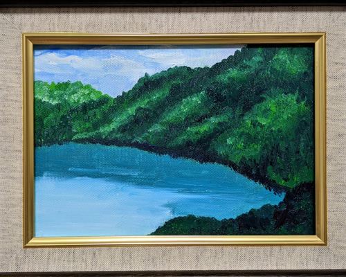 油彩　油絵　風景画　湖畔宿　鷲羽山ハイランド　JNO　額70×５８ｃｍ　2267 油彩 油絵 風景画 湖畔宿 鷲羽山ハイランド JNO 額70×58cm