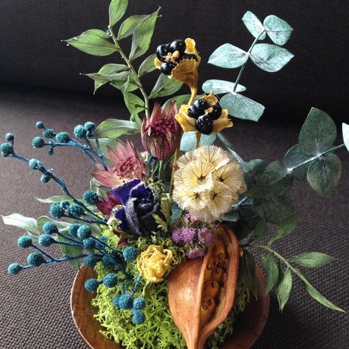苔　ドライフラワー　インテリア　本物 苔と花 ＊ドライフラワー苔玉アレンジ＊ ドライフラワー 木村植物工作