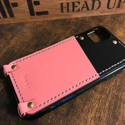 本革　iPhoneケース ポケット付き　ストラップ付き 革の色 カシメの色 選べます 名入れ 刻印無料 2枚目の画像