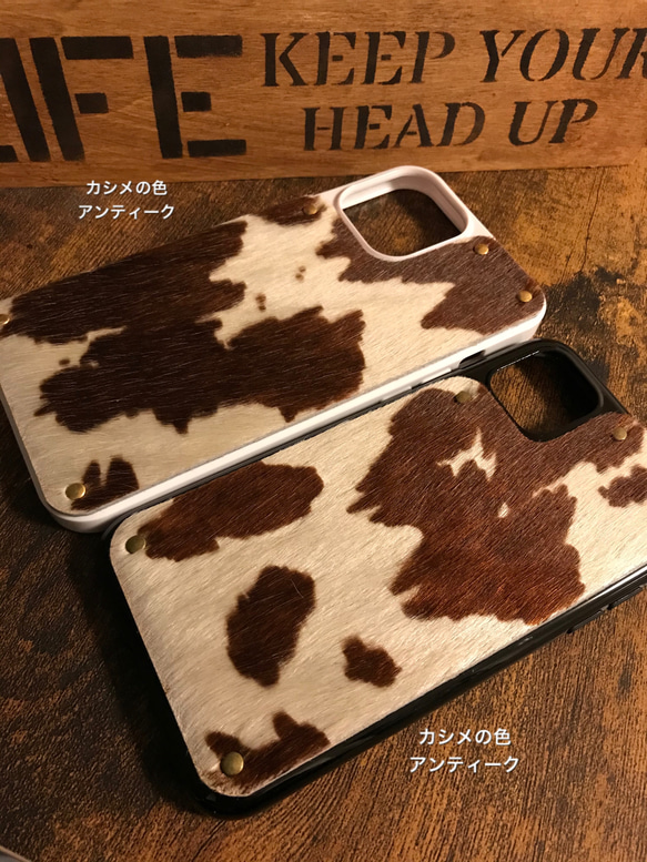 ハラコ素材 牛柄　白茶　iPhoneケース 7枚目の画像