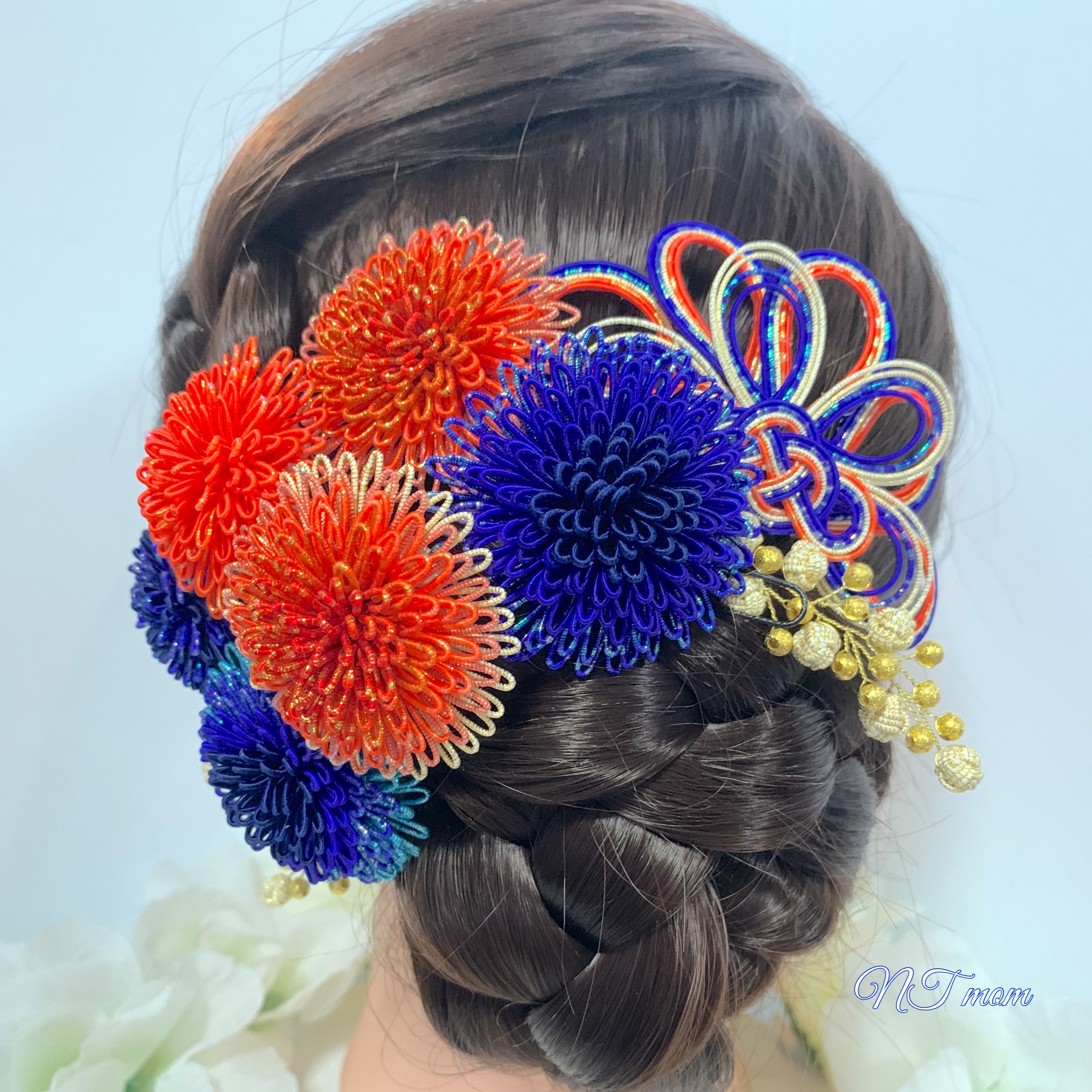 成人式卒業式結婚式・和装水引髪飾り・10点セット・藍オレンジ