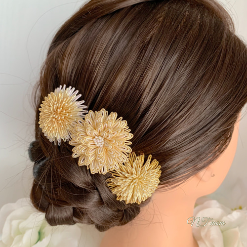 水引髪飾り・西洋菊3個セット・ゴールド その他ヘアアクセサリー NTmom