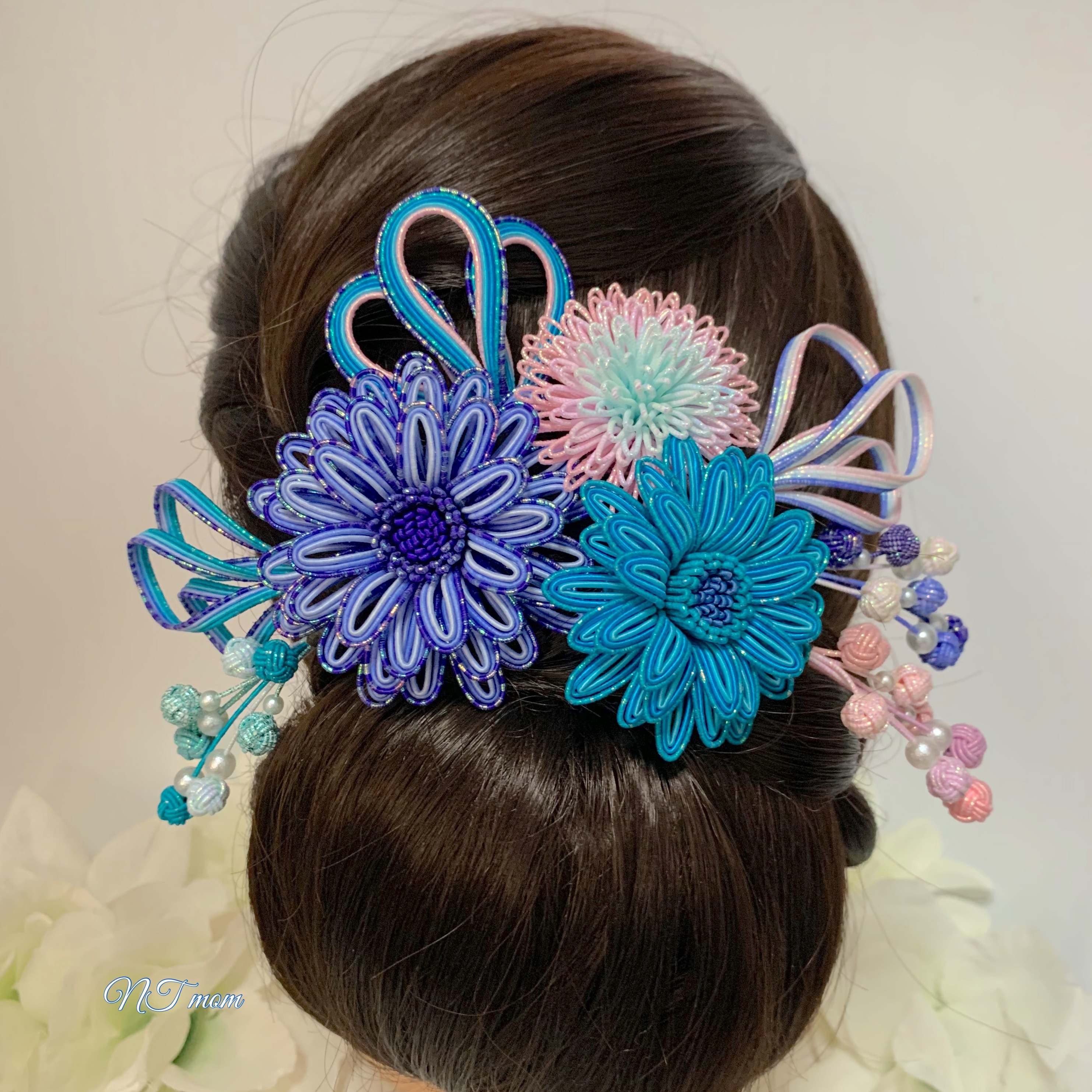 成人式卒業式結婚式・和装水引髪飾り・9点セット・青ピンク