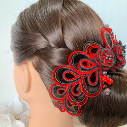 成人式卒業式結婚式・和装水引髪飾り・三つ二重大梅・赤黒 3枚目の画像