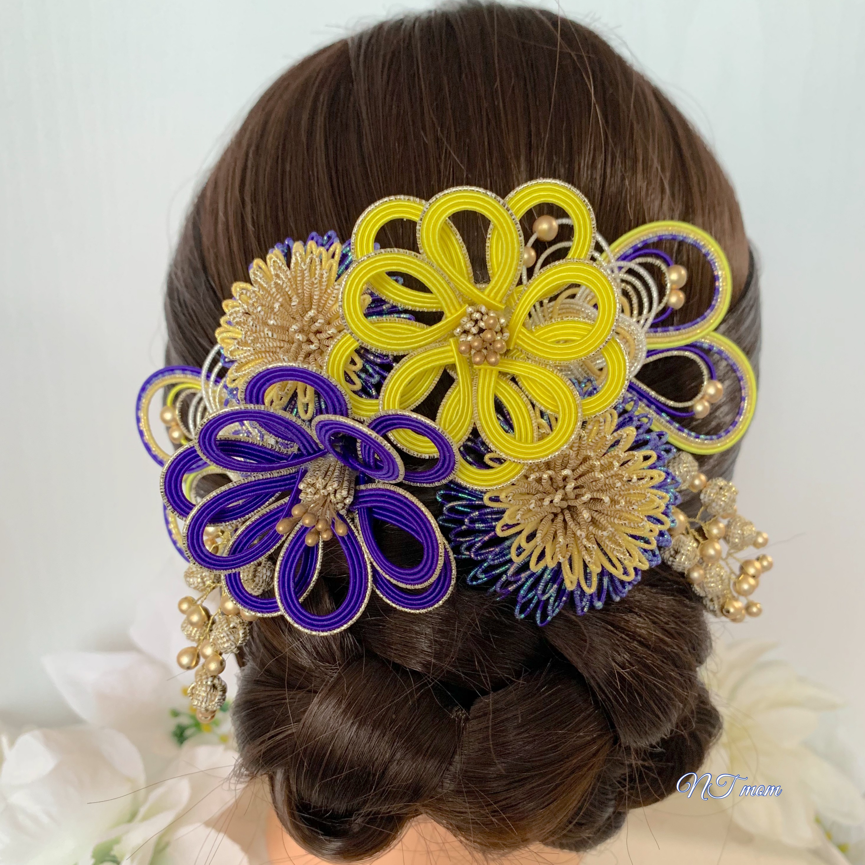 成人式卒業式水引髪飾り・8点セット・黄藍