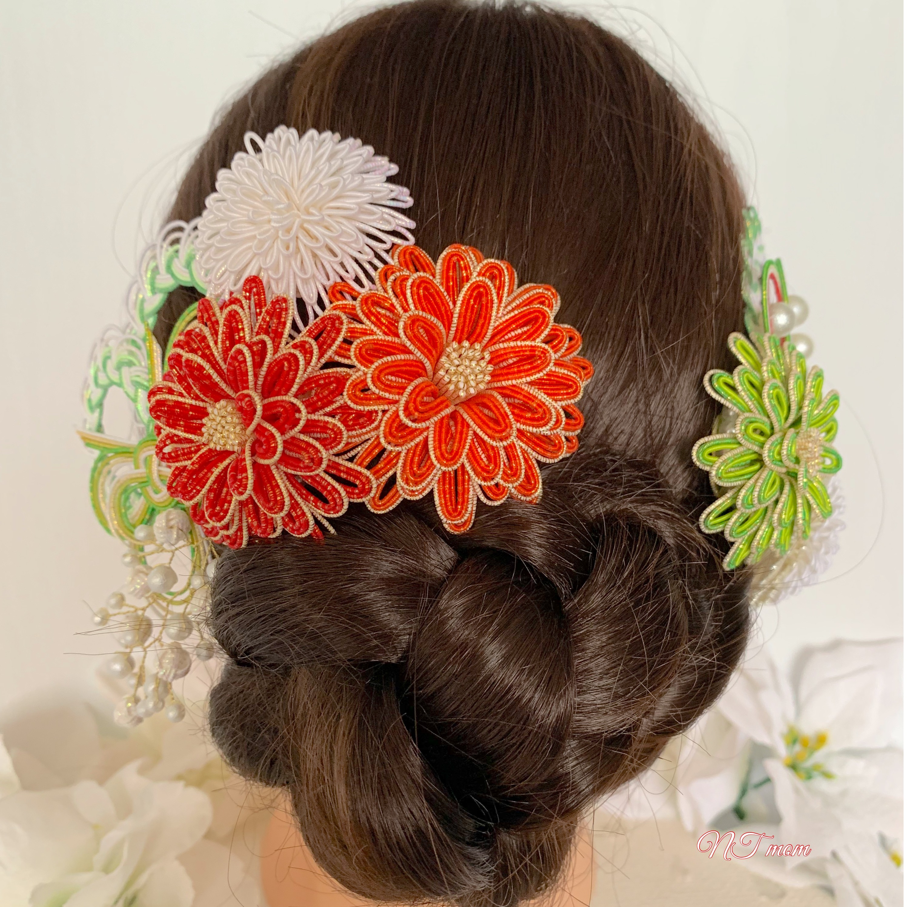 成人式卒業式結婚式・和装水引髪飾り・9点セット・赤橙黄緑