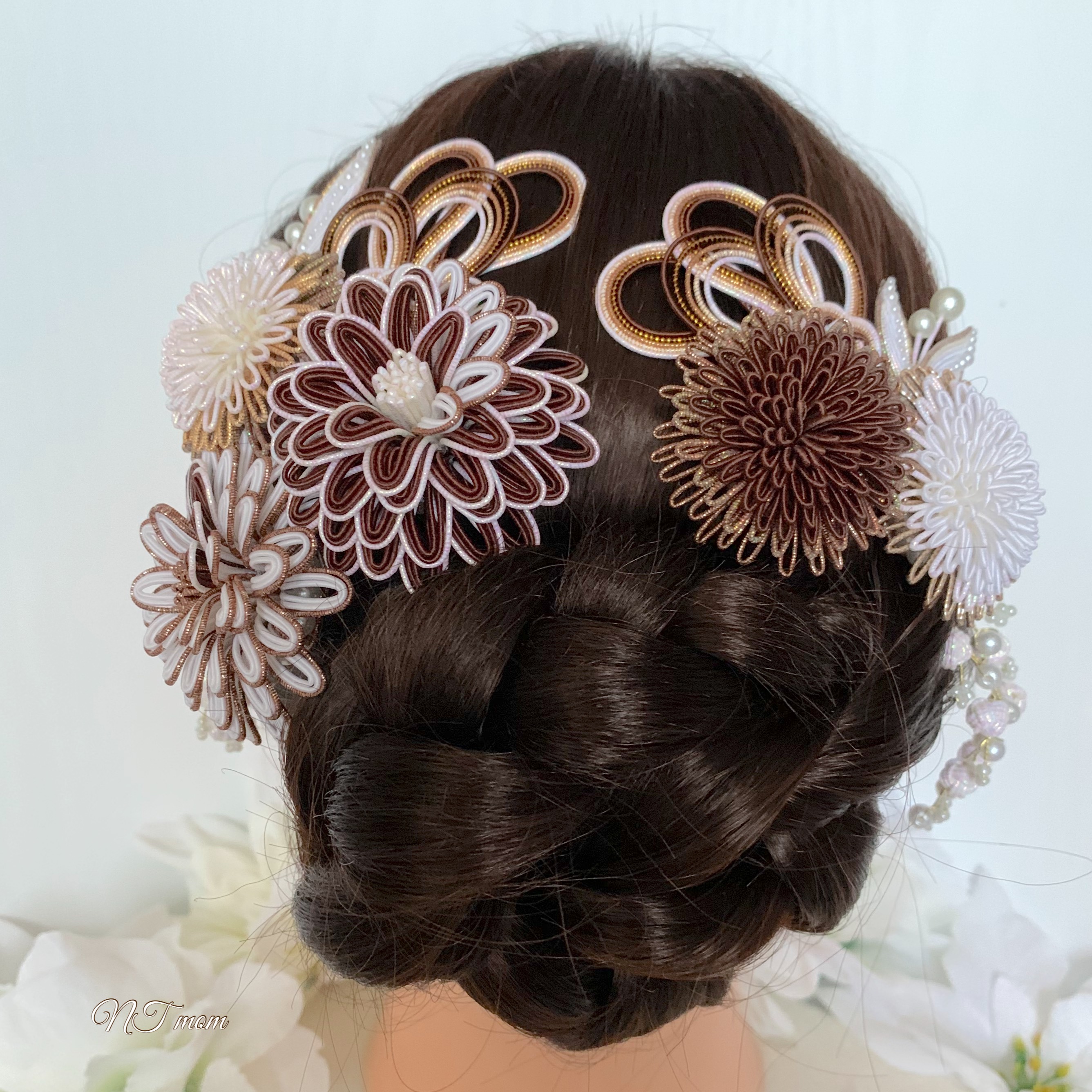 成人式卒業式結婚式・和装水引髪飾り・12点セット・白濃茶