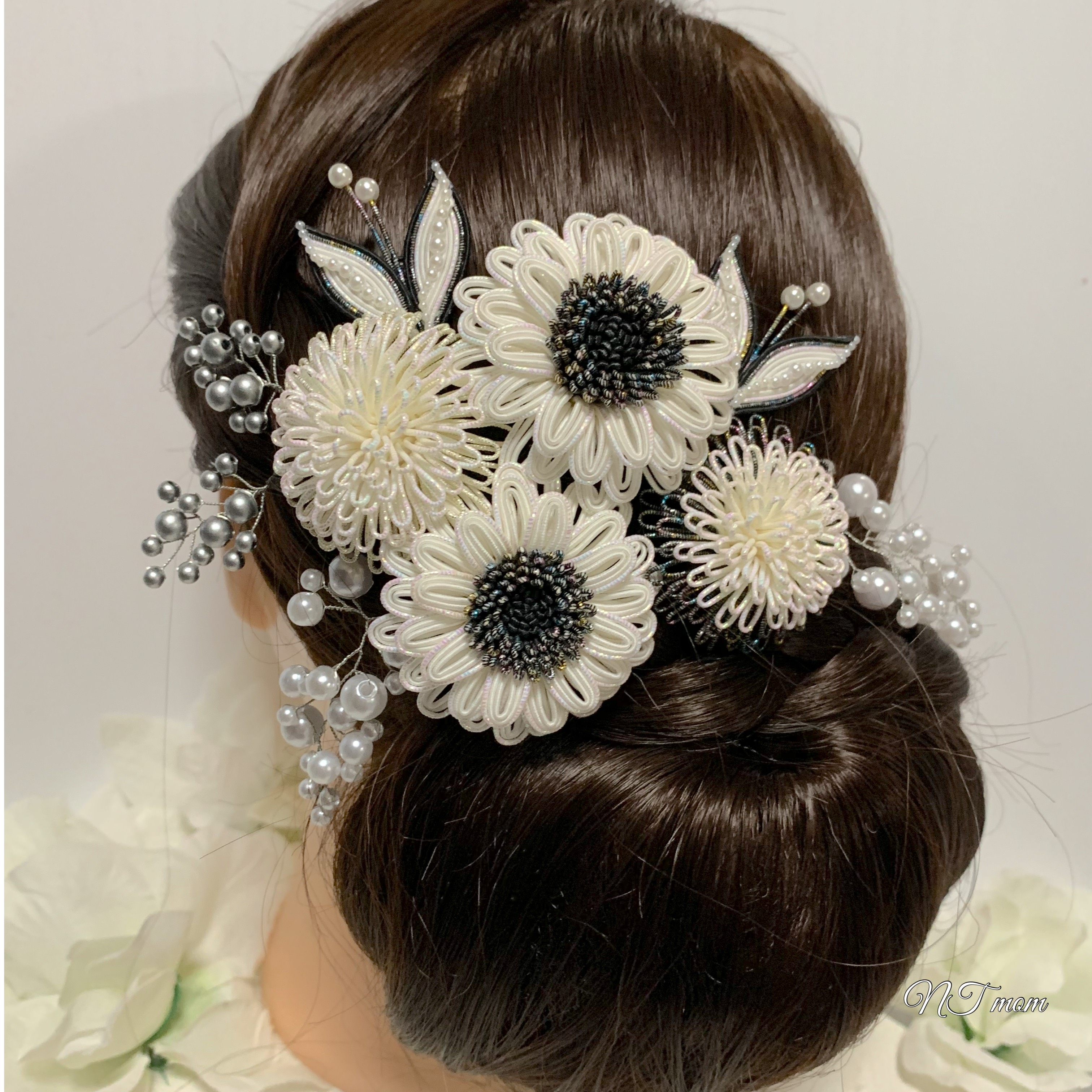 成人式卒業式結婚式・和装水引髪飾り・10点セット・ガーベラ白