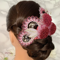 成人式卒業式結婚式・和装水引髪飾り・三つ洋菊・白ボルドー 5枚目の画像
