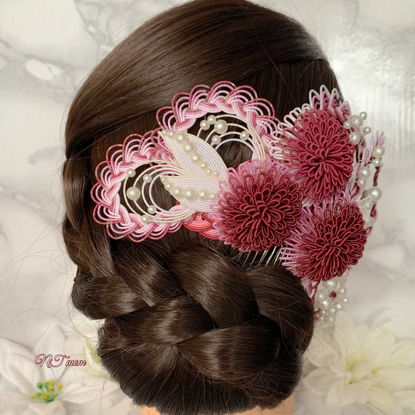 成人式卒業式結婚式・和装水引髪飾り・三つ洋菊・白ボルドー 9枚目の画像