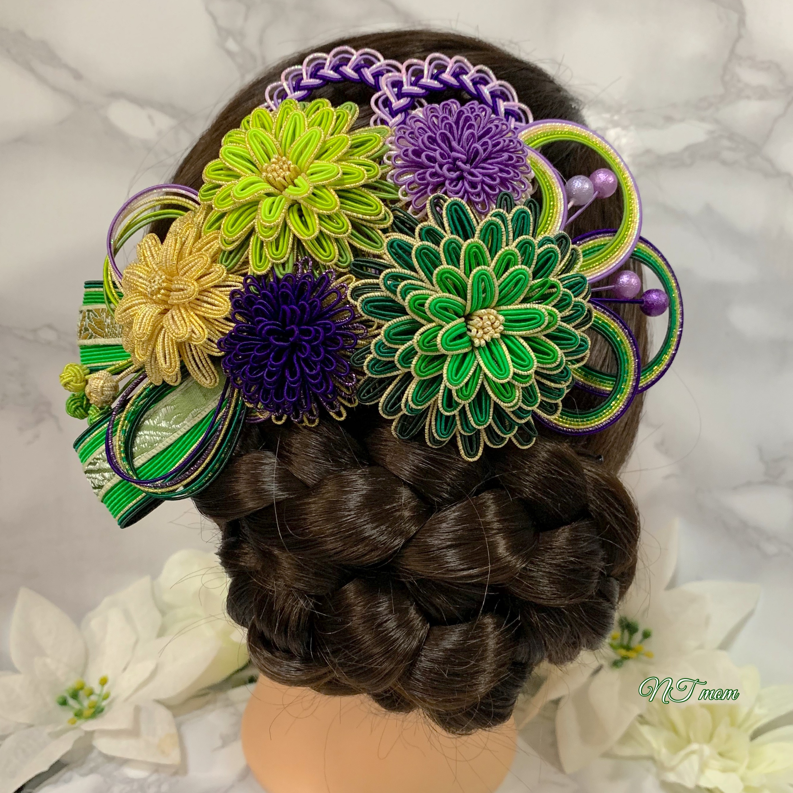 成人式卒業式結婚式・和装水引髪飾り・五つ華・紫緑