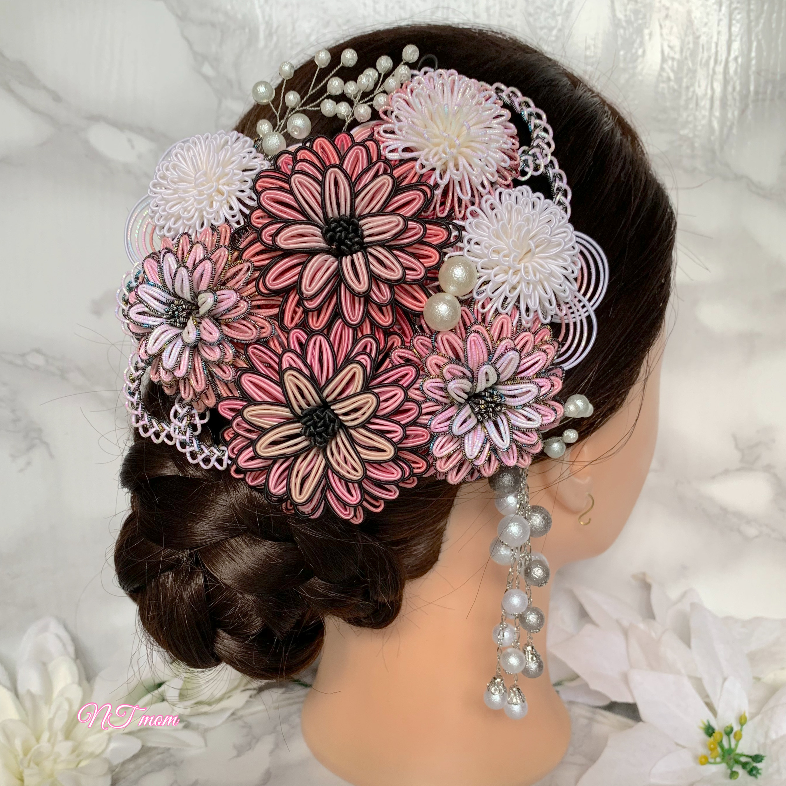 成人式卒業式・和装水引髪飾り・華七輪・黒ピンク