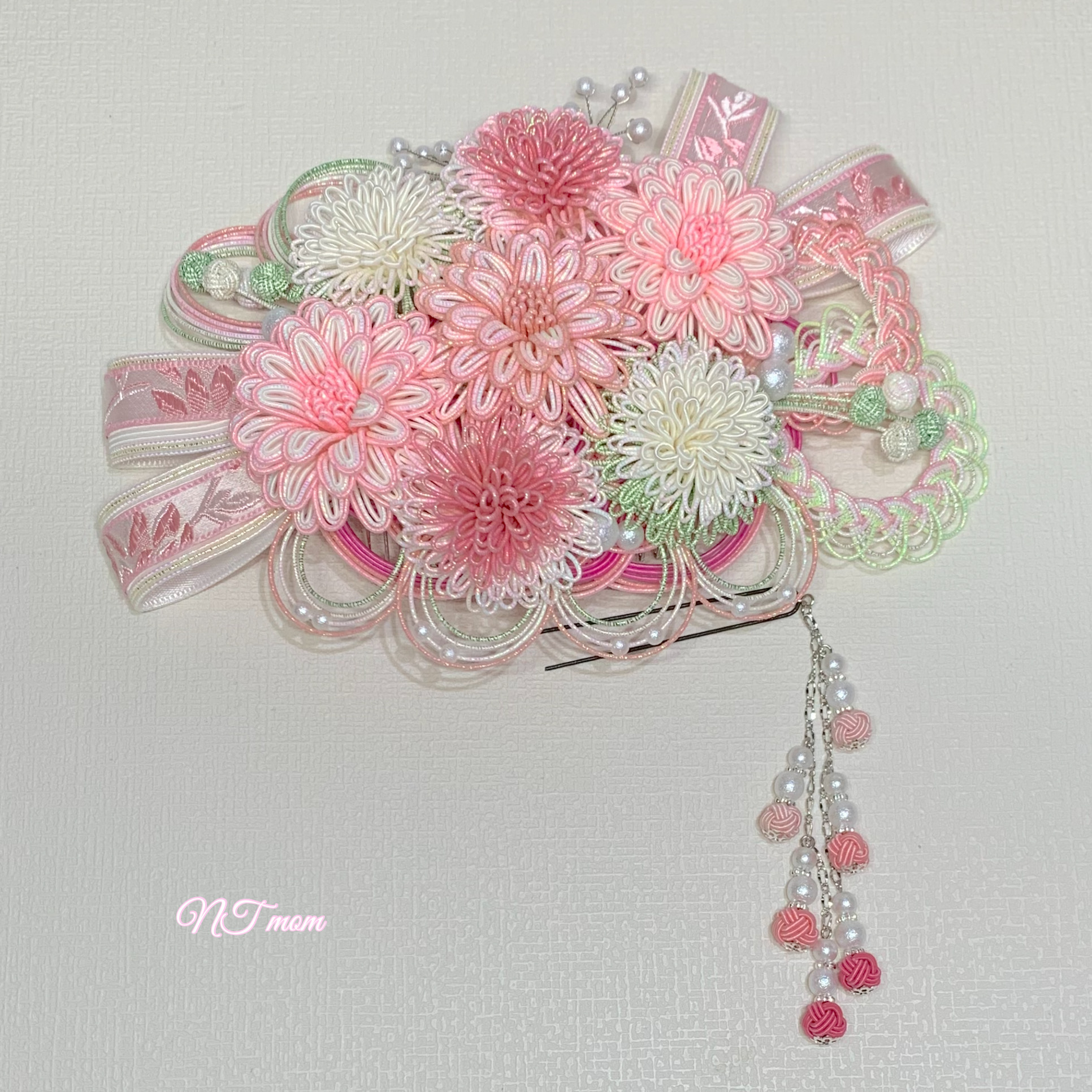 成人式卒業式・和装水引髪飾り・華七輪・桜ホワイト