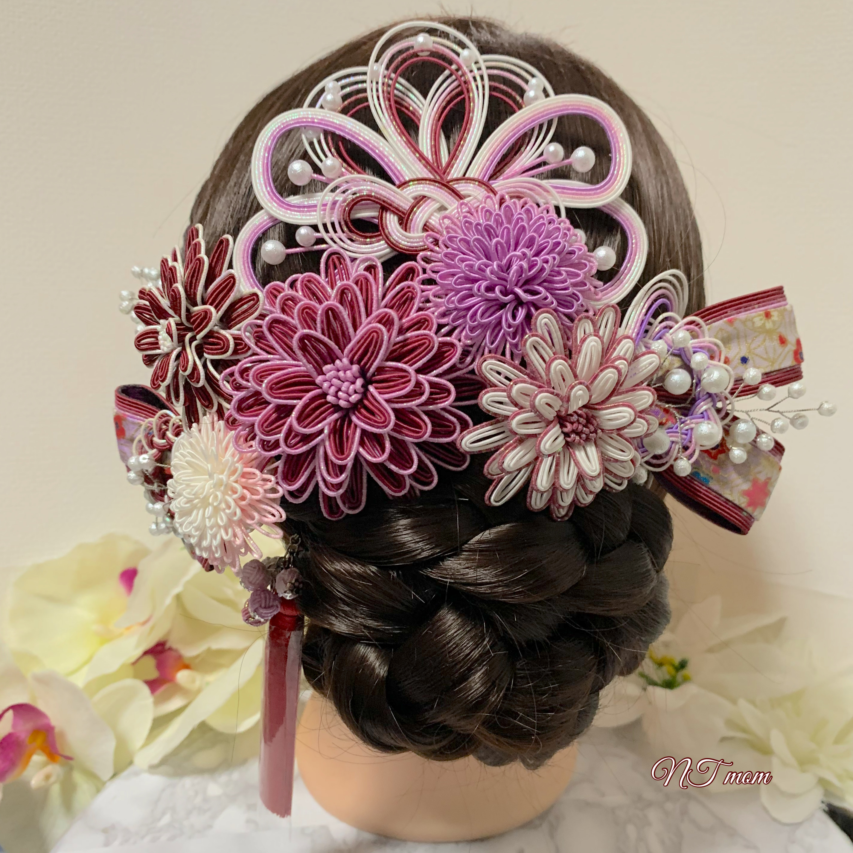 成人式卒業式結婚式・和装水引髪飾り・10点セット・白ボルドー