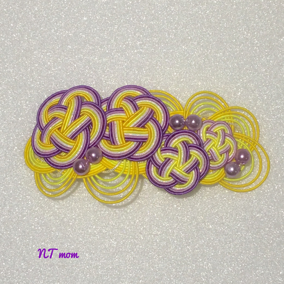 水引バレッタ・四つ梅・紫黄 3枚目の画像
