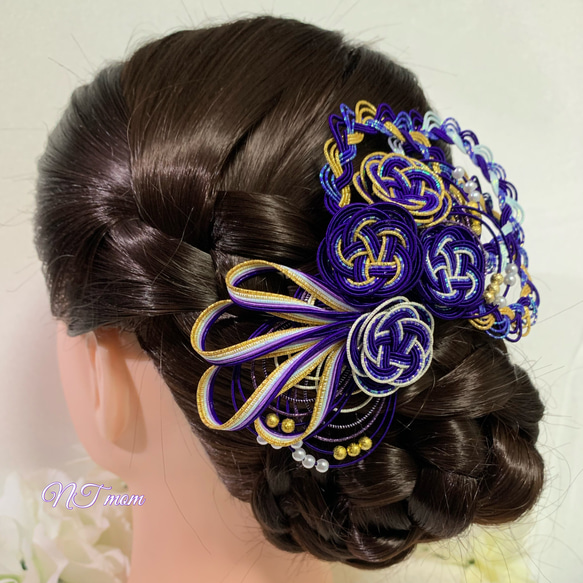 成人式卒業式・和装水引髪飾り・四つ二重梅・紫藍 4枚目の画像