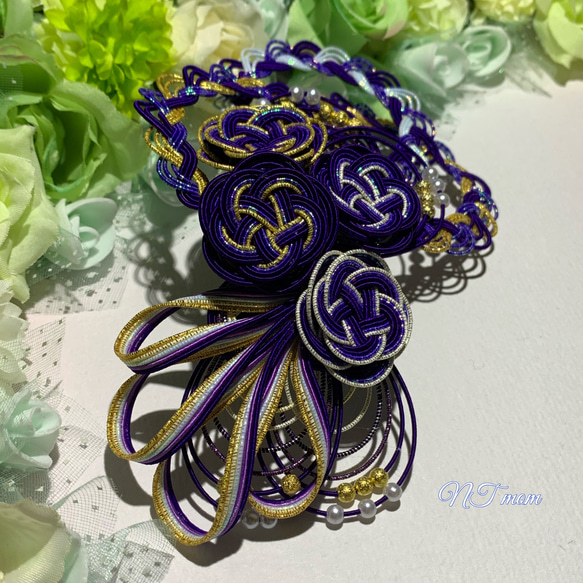 成人式卒業式・和装水引髪飾り・四つ二重梅・紫藍 5枚目の画像