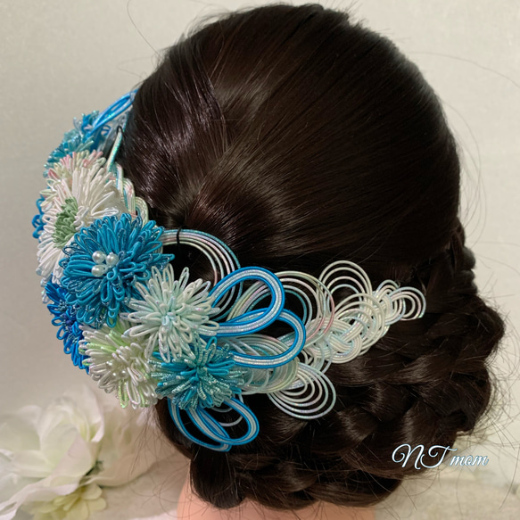 成人式卒業式結婚式・和装水引髪飾り・ガーベラ・ライトブルー 4枚目の画像