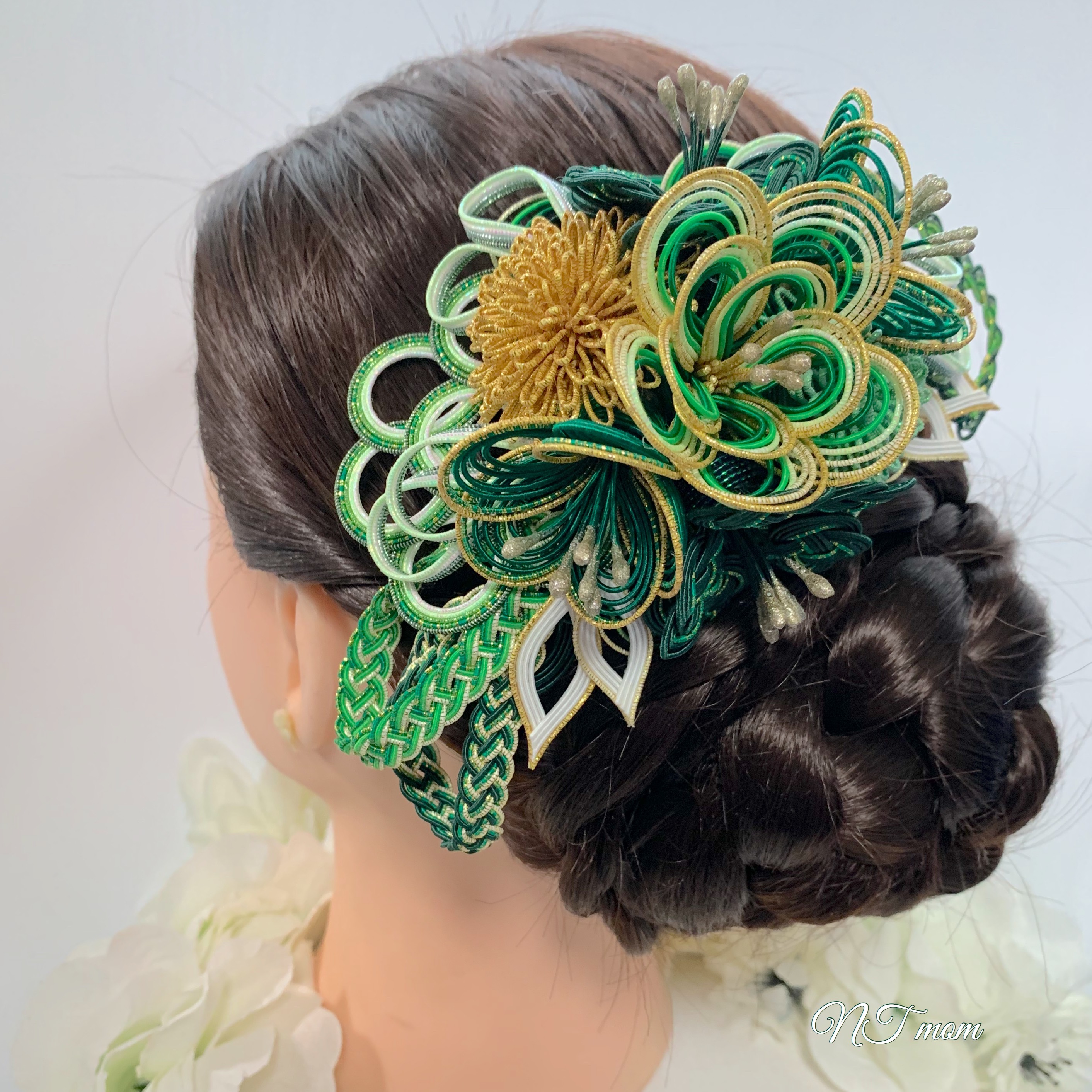 成人式卒業式・和装水引髪飾り・ディープグリーン