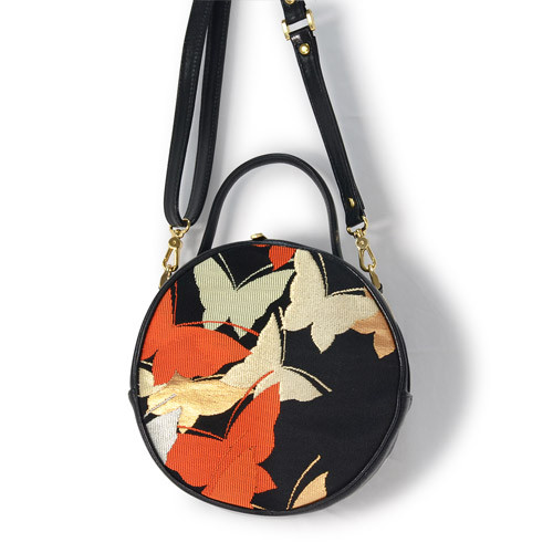 レザーラウンドバッグ　蝶　帯リメイクバッグ