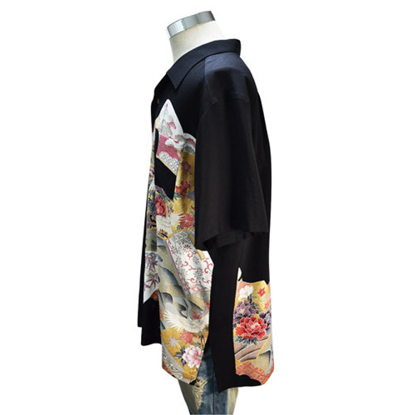 着物アロハシャツ　牡丹と菊と鶴留袖　大きいサイズ 2枚目の画像