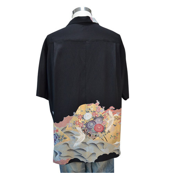 着物アロハシャツ　牡丹と菊と鶴留袖　大きいサイズ 3枚目の画像