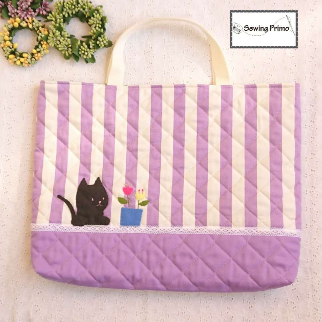 ほっこりねこちゃんのアップリケ レッスンバッグ/レッスンバッグ