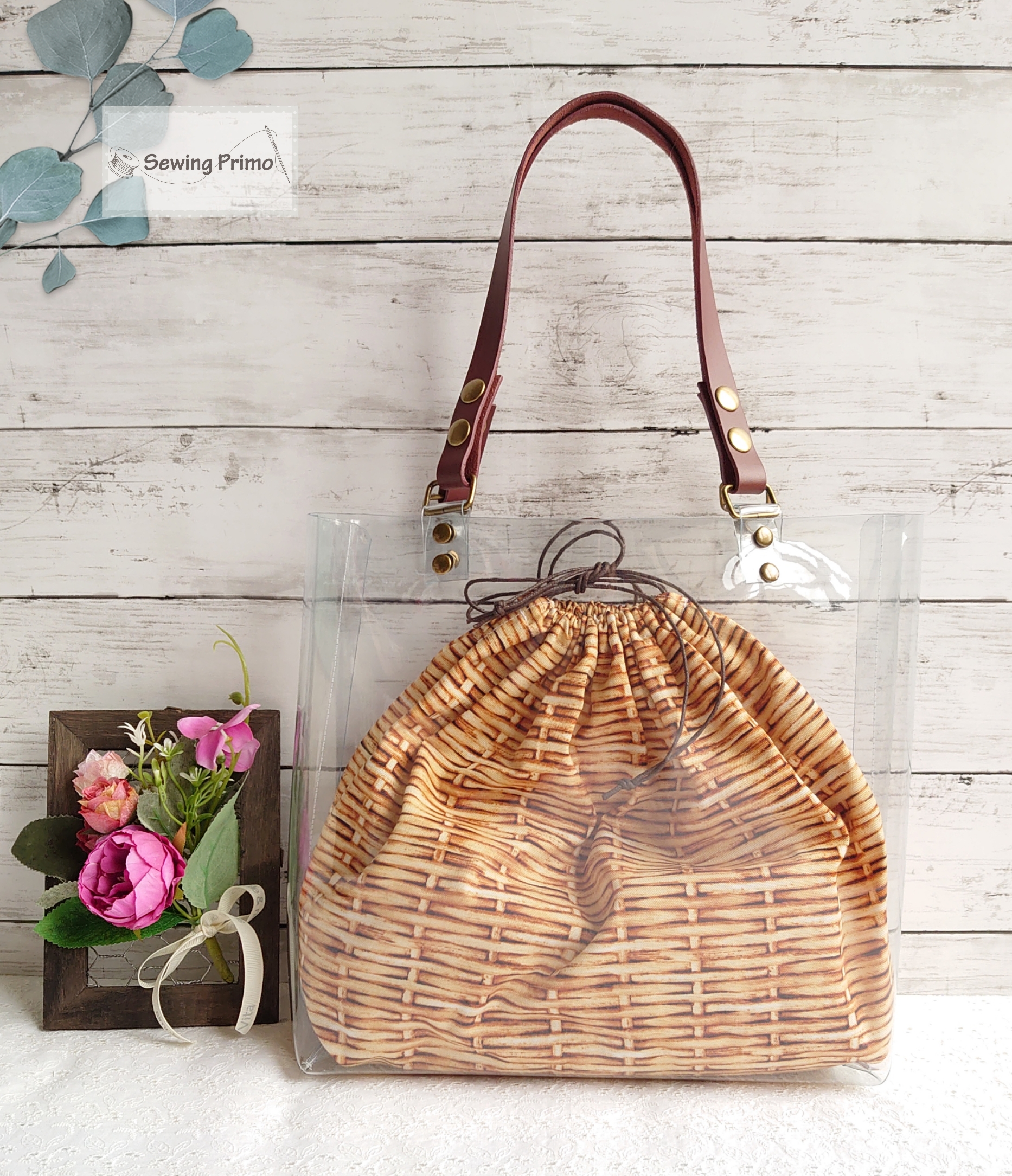 バスケット柄インナーのクリアバッグ/ビニールバッグ/PVC