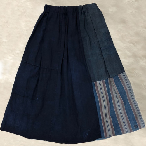 藍染古布]刺し子・ぜんぶ手縫いのスカート/大人女子に♪シックで 
