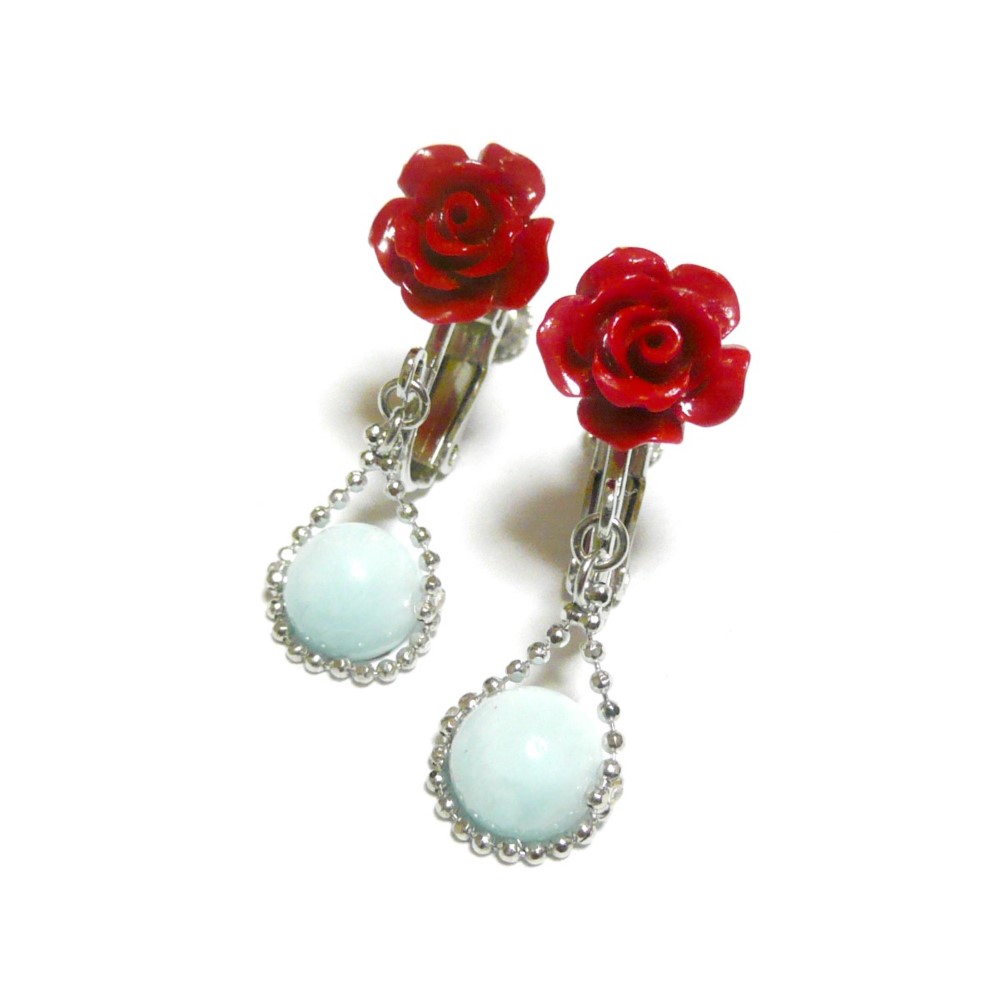 赤珊瑚 薔薇 10mm ラリマー 8mm 連なる イヤリング コーラル フラワー 【 印象派 】