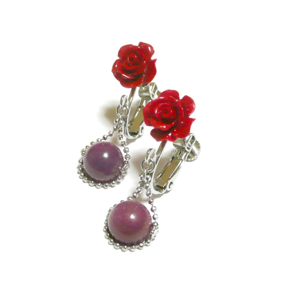 赤珊瑚 薔薇 10mm ルビー 丸珠 コランダム 8mm 連なる イヤリング コーラルフラワー 【 印象派 】