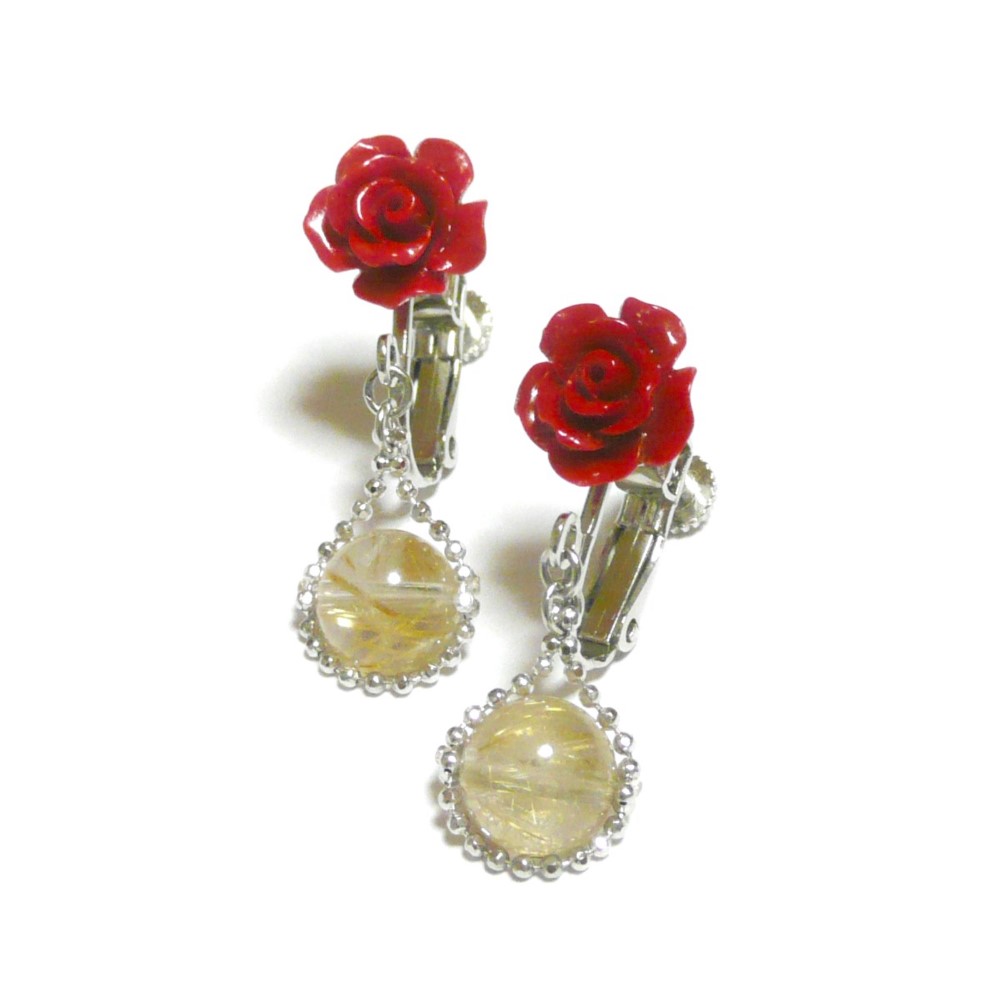ルチルクォーツと薔薇の赤珊瑚のイヤリング