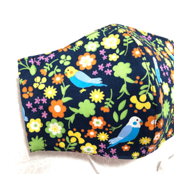 《立体布マスク》可愛いインコとお花   ネイビー  ハンドメイドマスク鳥さん 鳥  ① 2枚目の画像