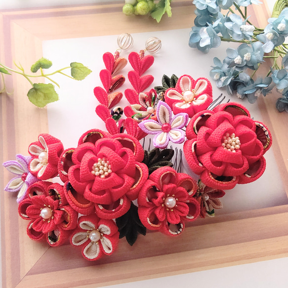 ≪つまみ細工≫朱赤牡丹 髪飾り 結婚式・成人式・七五三 コーム く