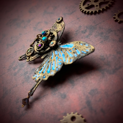 受注製作+『再生/青』スチームパンク ブローチ ブローチ 胡蝶之夢 通販