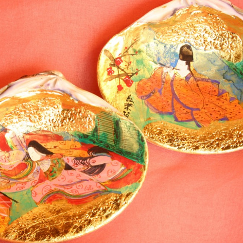 骨董 金箔工芸「貝合わせの香合」松鶴蒔絵