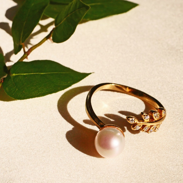 [新顏色] Akoya 珍珠和氧化鋯葉子戒指 [金色] 開口戒指 [有保固] 第7張的照片