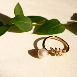 [新顏色] Akoya 珍珠和氧化鋯葉子戒指 [金色] 開口戒指 [有保固] 第8張的照片