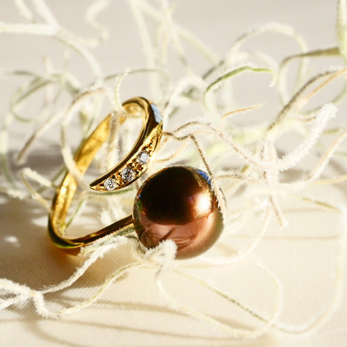 New チョコレートカラー あこや真珠 二つの顔を持つリング 【保証書付