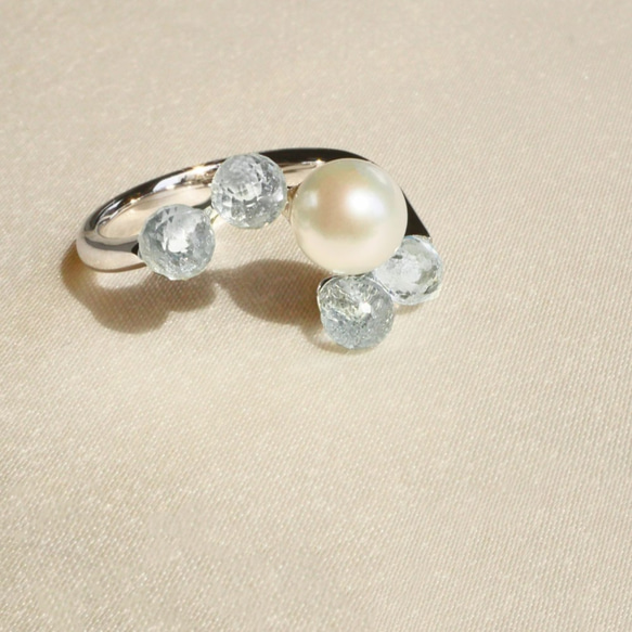 Akoya 珍珠與天藍色托帕石開口戒指均碼 [含保固] 第5張的照片